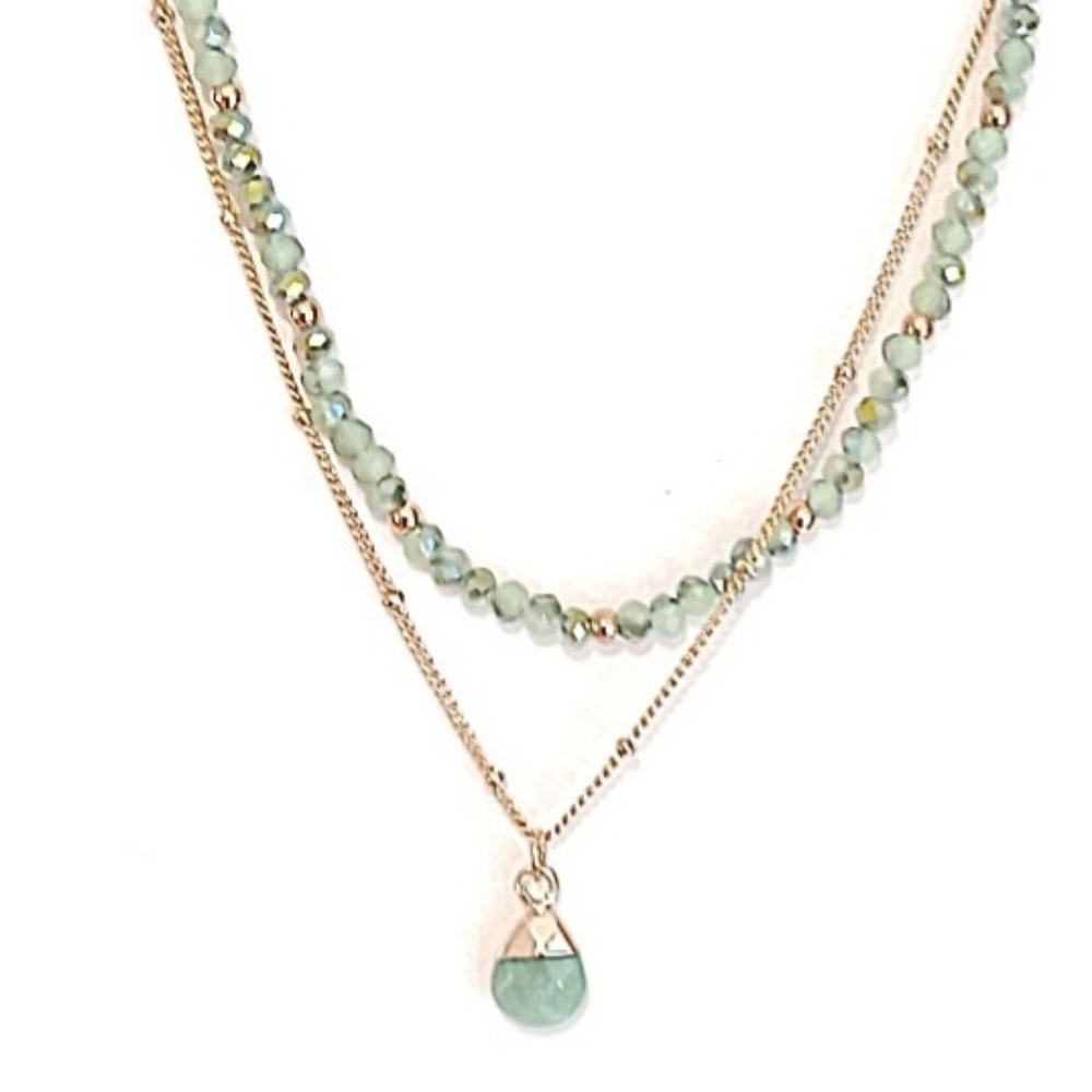 Gold & Jade Double Layer Nacklace 16" + 2" Extender